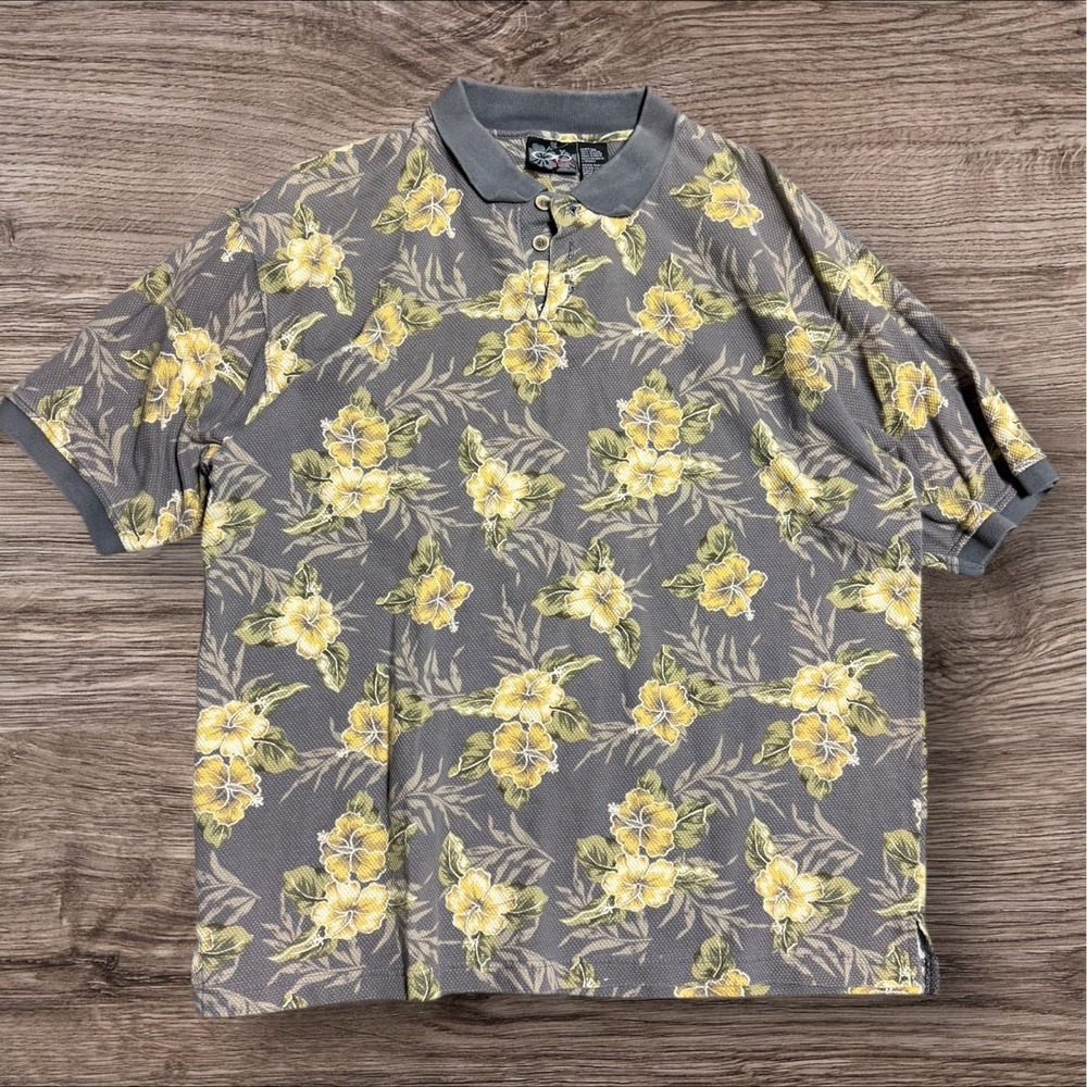 VTG Ocean Pacific OP Sport Polo Shirt Mens L Hawaiian Aloha Blue Floral AOP - Picture 1 of 5